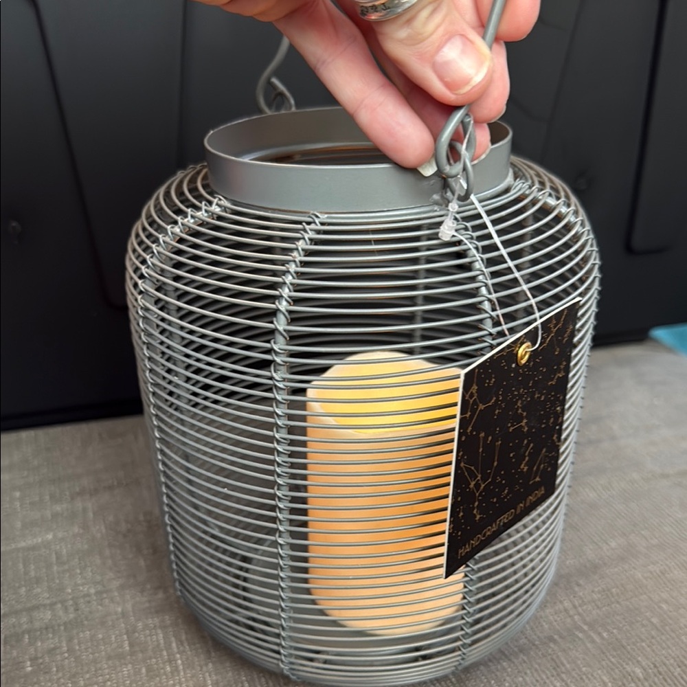Large Hanging Gray Metal Lantern Candle Holder. Brand New with tag!